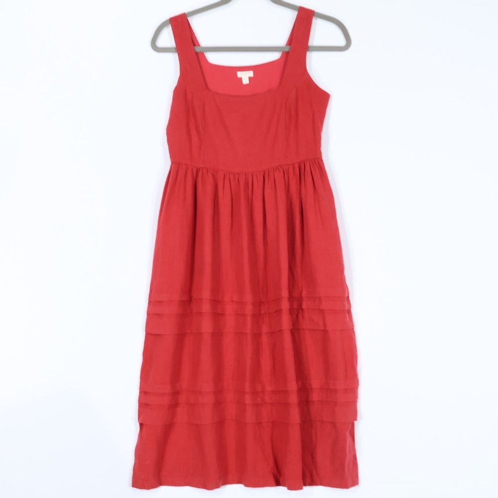 Garnet Hill Linen Midi Dress Womens 10 Red Square Neck Sleeveless Pockets Boho